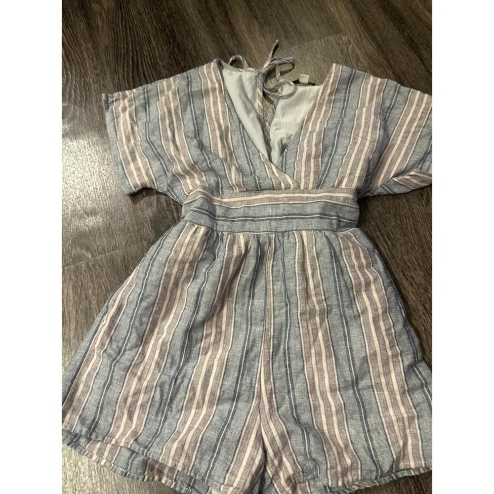 American Eagle Striped Tie Waist Short Romper Jumpsuit XS Blue White Pink